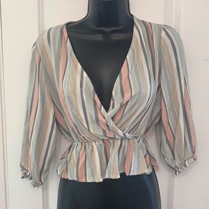 Como Black Striped Wrap Blouse Size XS